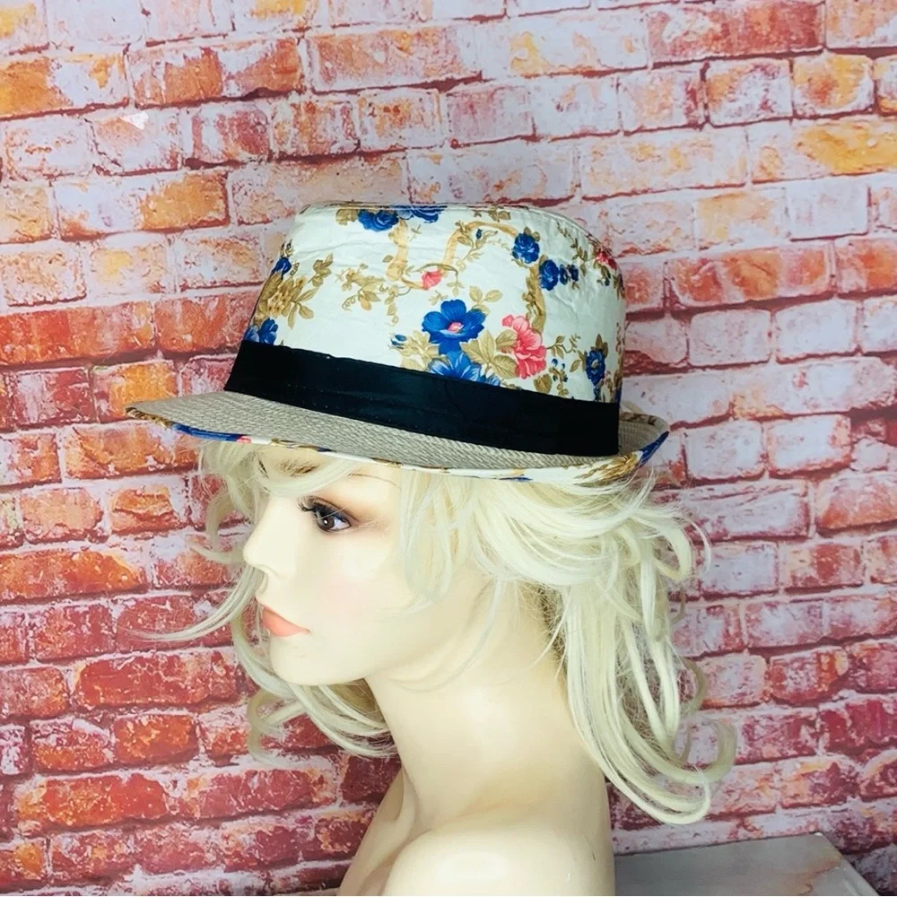 Cream Floral Retro Straw Brim Fedora Hat